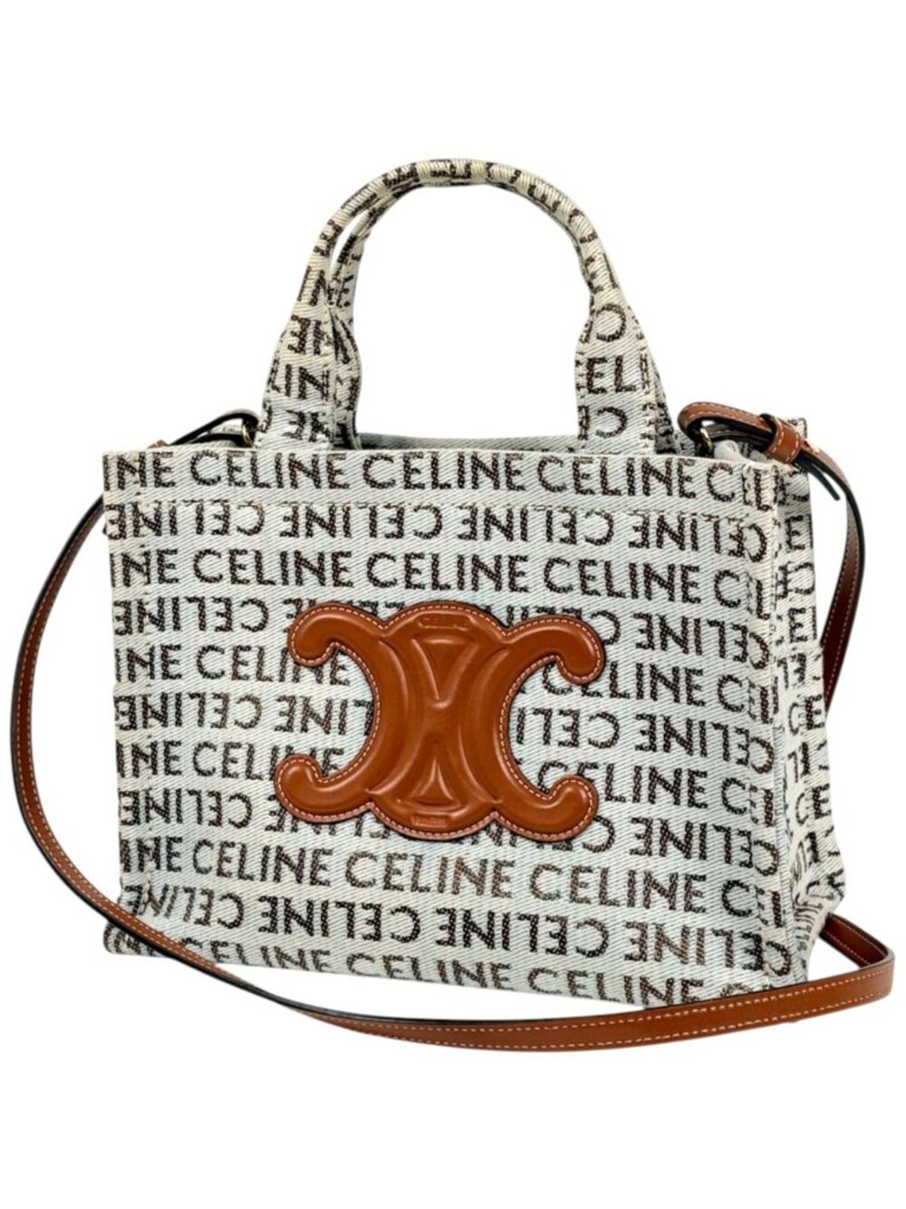 Celine Tote Small Cabas Thais 2-Way Triomphe Canvas White Brown
